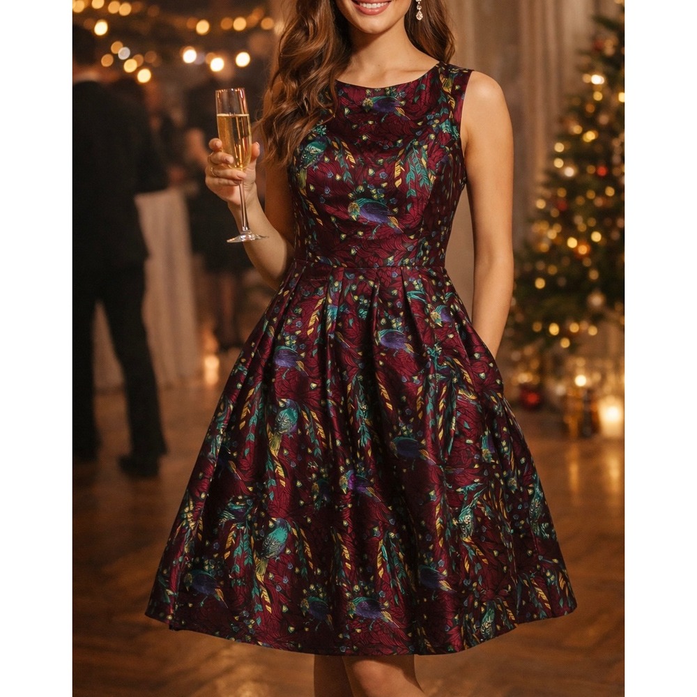 HuangJiWu Jewel Tone Jacquard Fit & Flare Bird Print Dress show XL Fit US 10 New